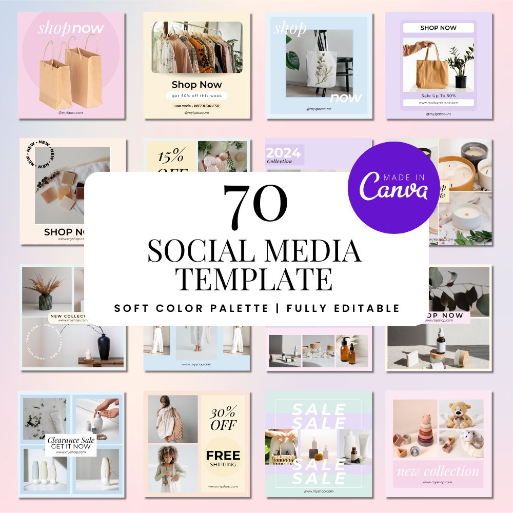 70 Editable Social Media Templates for Canva (Pastel Hues)